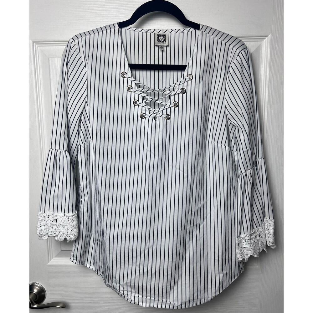 Anne Klein Women's Striped V-Neck 3/4 Laced Bell Sleeve Blouse Size Small